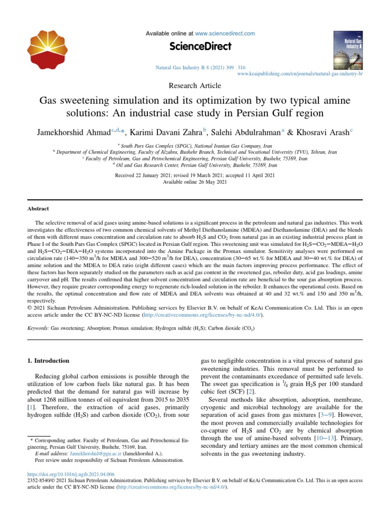 Gas Sweetening Simulation and Its Optimization by Two Typical Amine ...