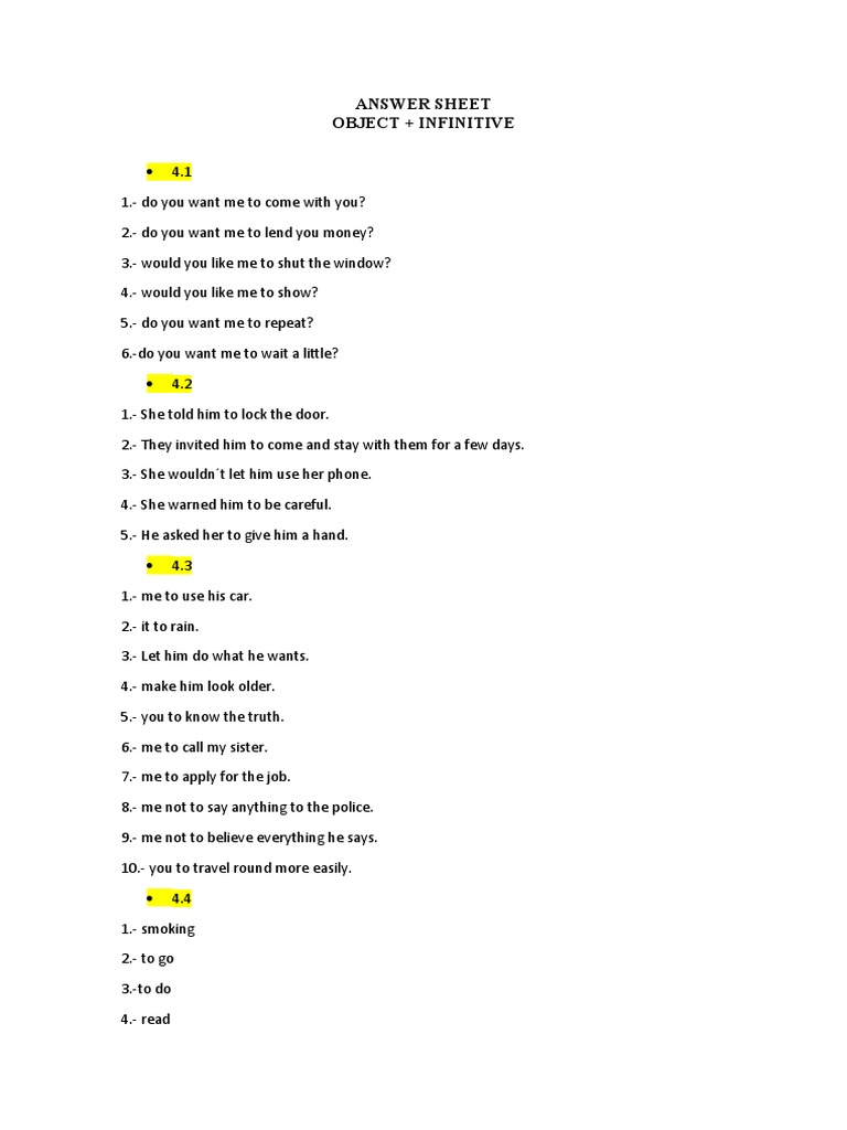 Answer Shee1 - Object Infinitives | PDF