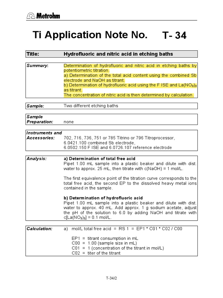 Hydrofluoric and Nitric Acid in Etching Baths PDF Titration Chemistry