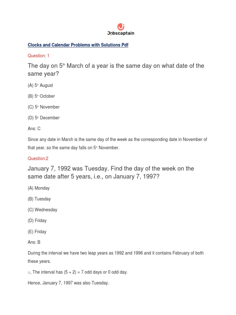 Clocks Calendar Problems Solutions PDF