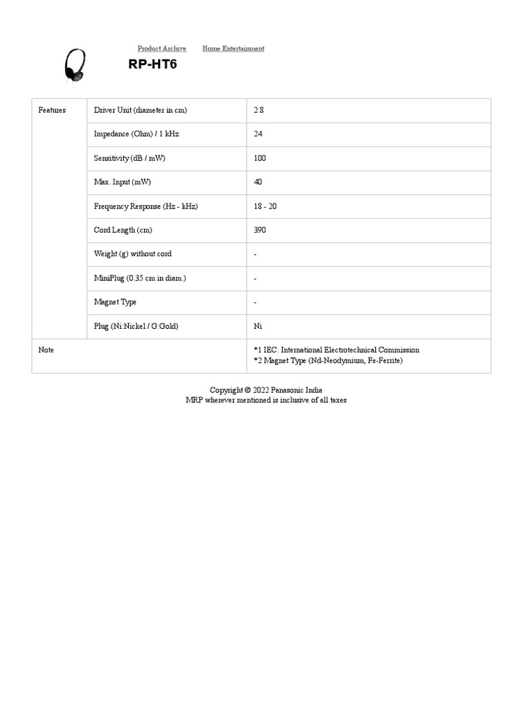 Panasnic RPHT6 Xbass Headphone PDF