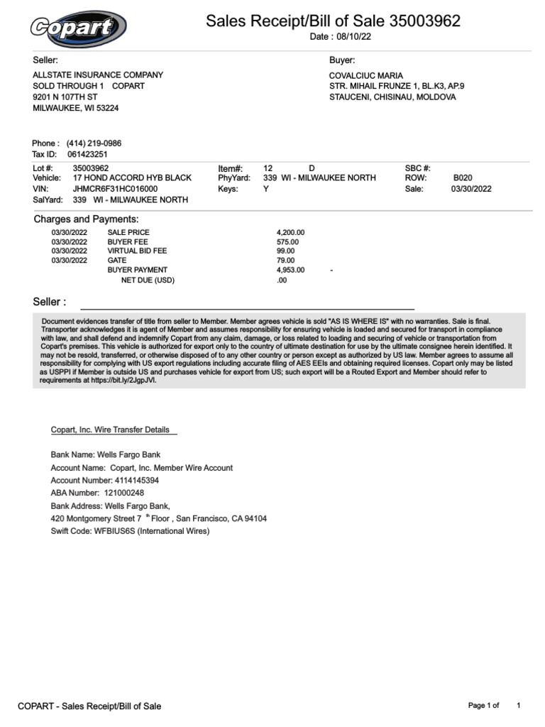 Invoice To Copart PDF Receipt Business