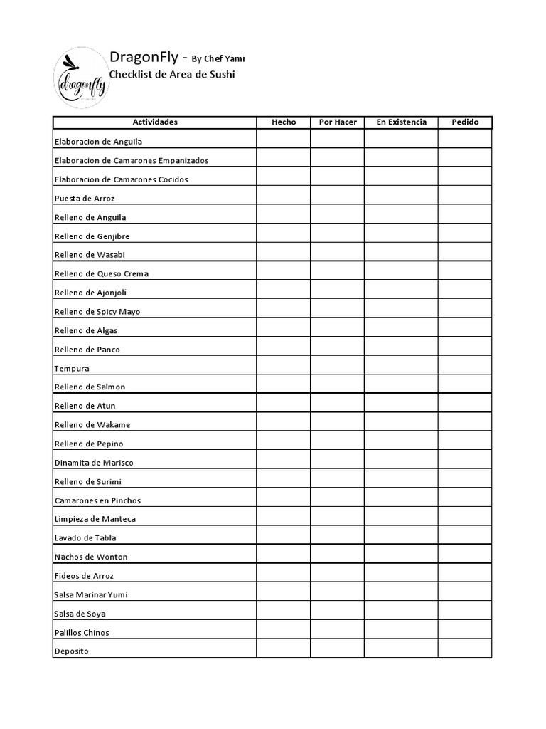 Checklist de Sushi para Restaurantes | PDF | Cocina, comidas y vino