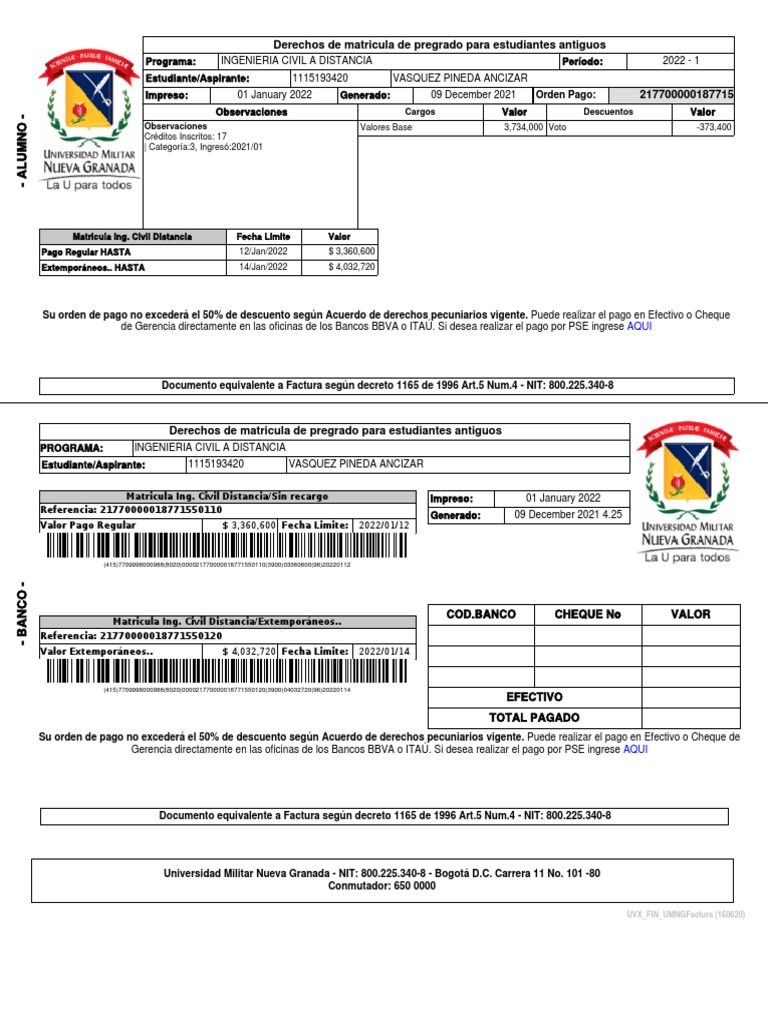 Recibo de Matricula Umng Tercer Semestre | PDF | Bancario | Pagos