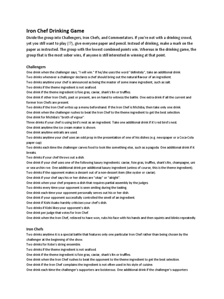 Iron Chef Drinking Game PDF Cooking Food And Drink