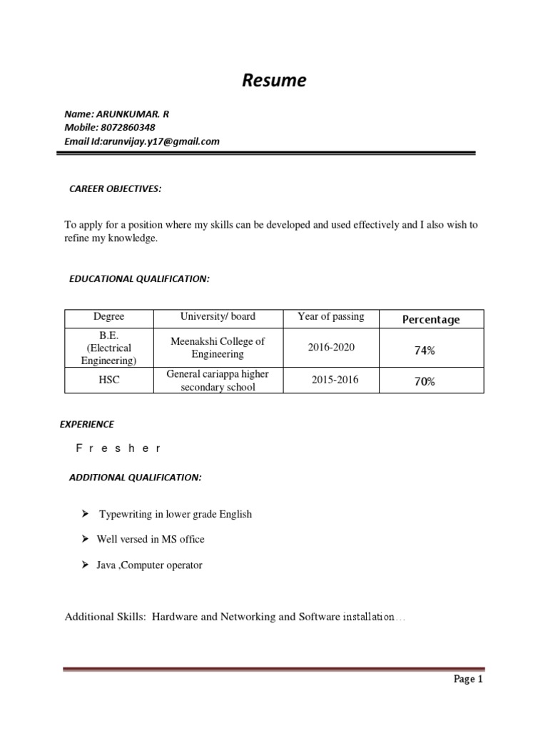 Resume of Arun Kumar R - Electrical Engineer | PDF