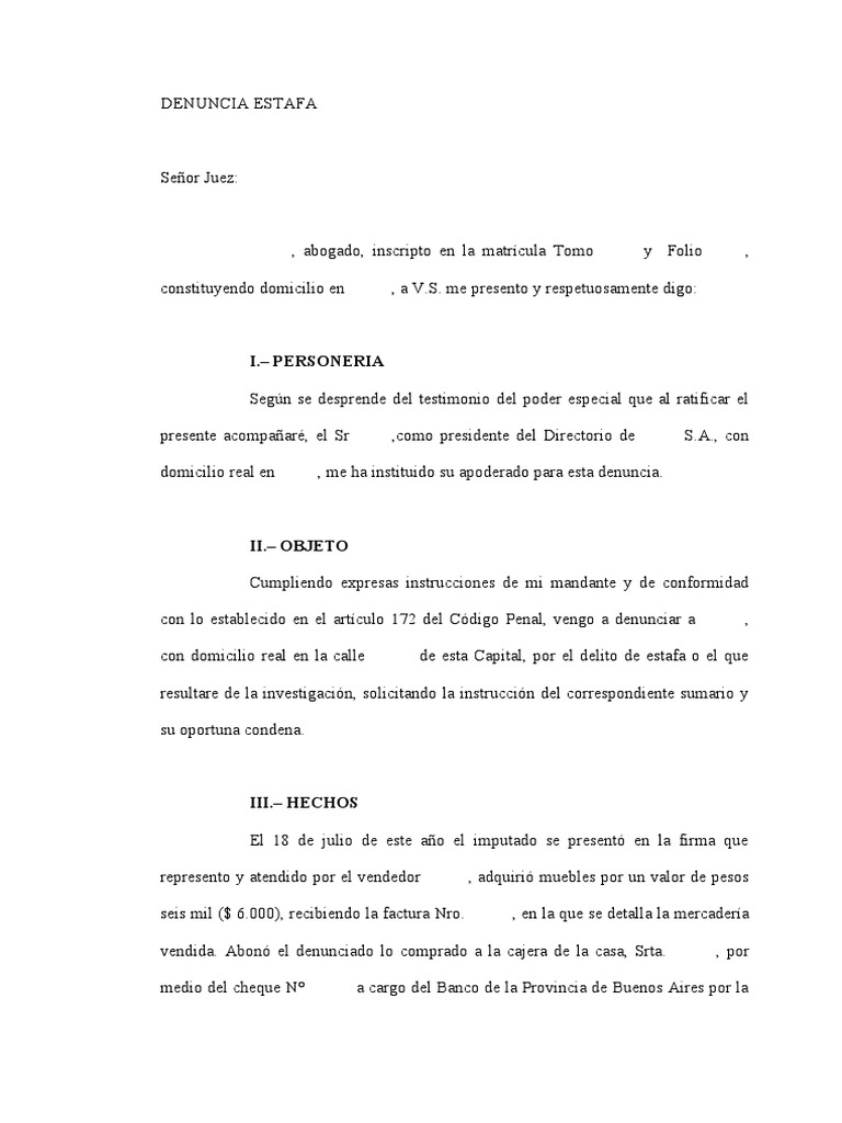 Modelo. Denuncia Estafa | Descargar gratis PDF | Cheque | Justicia