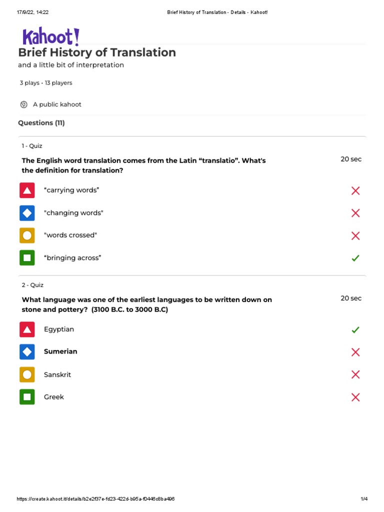 Brief History of Translation Details Kahoot! PDF Translations