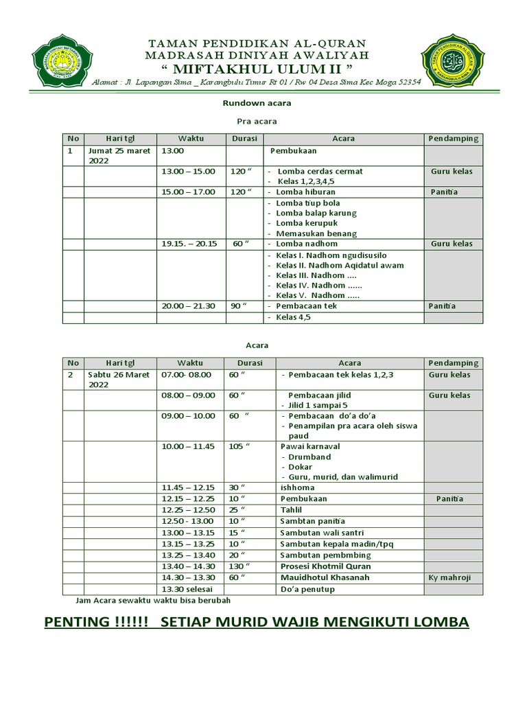 Acara TPA Miftakhul Ulum II 2022 | PDF