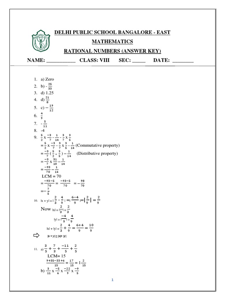 Delhi Public School Bangalore - East Mathematics Rational Numbers ...