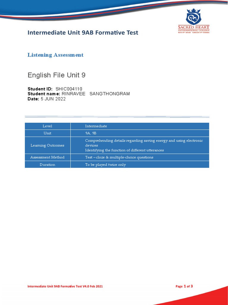 SHIC EF - Int - 9AB - ListeningAssessment - V4.0 | PDF | Career & Growth