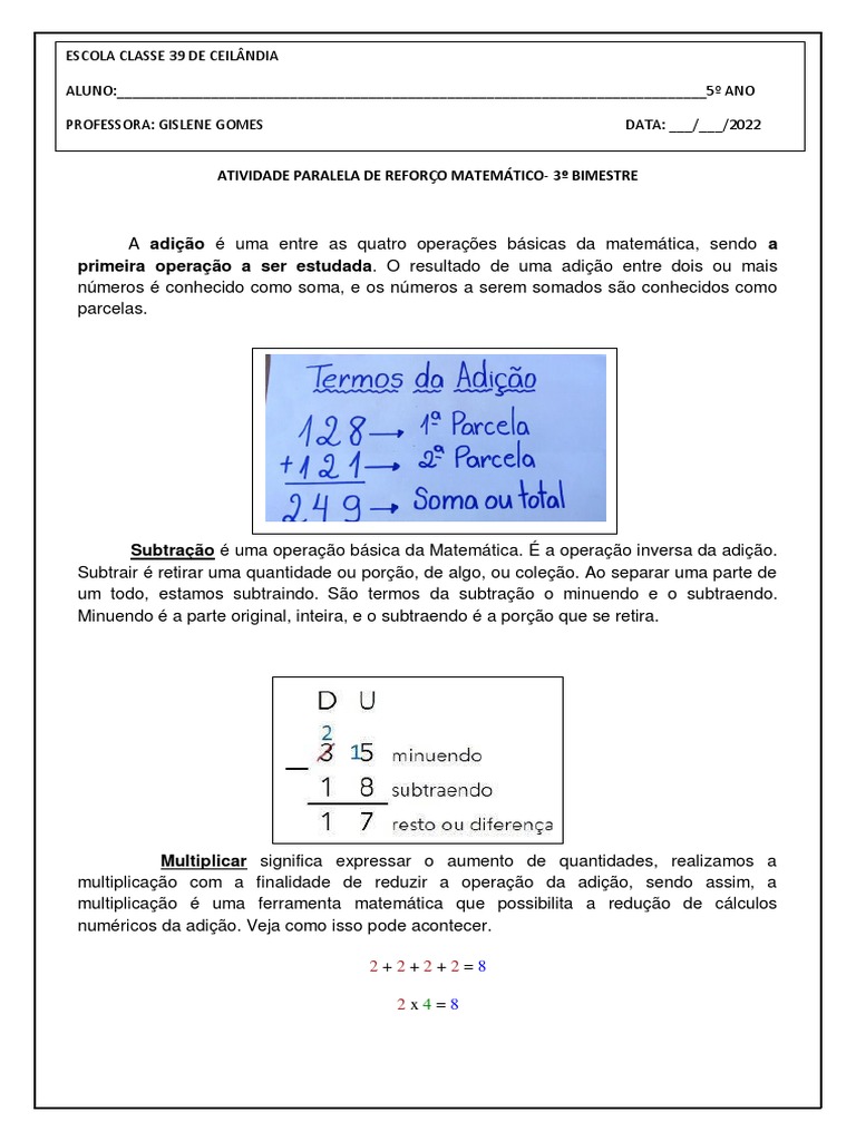 Atividades de Reforço Matemático 5º Ano | PDF | Multiplicação | Divisão ...