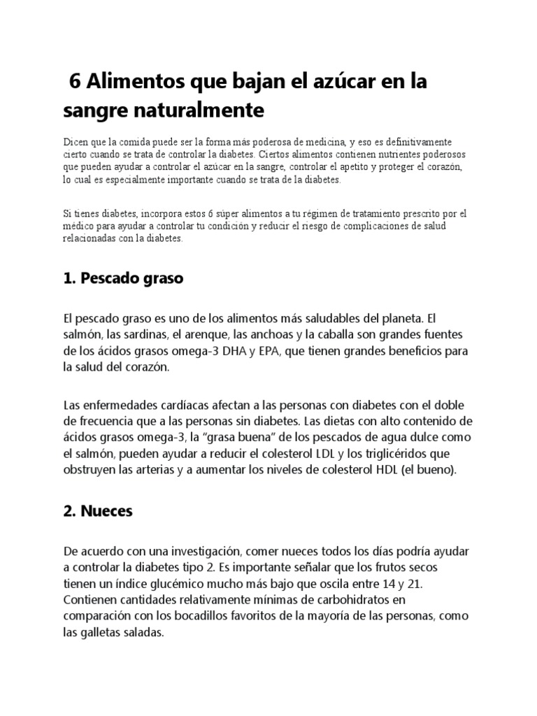6 Alimentos Que Bajan El Azúcar En La Sangre Pdf Diabetes Nutrición