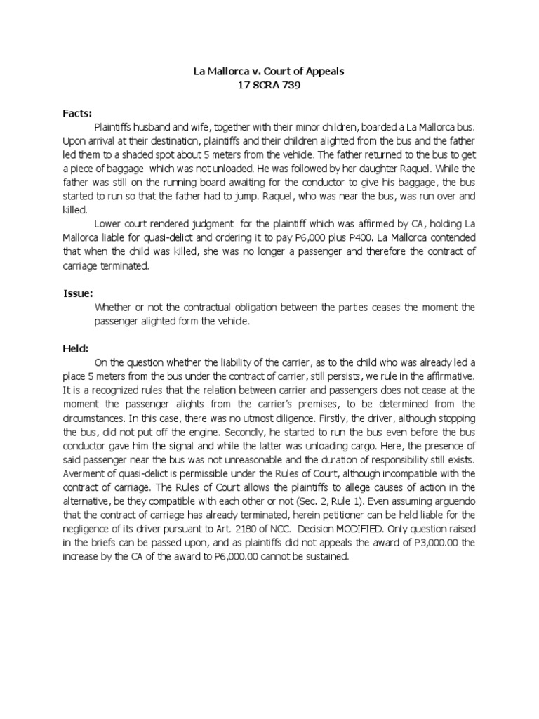 La Mallorca v. CA 17 SCRA 739 PDF | PDF | Legal Liability | Legal Concepts