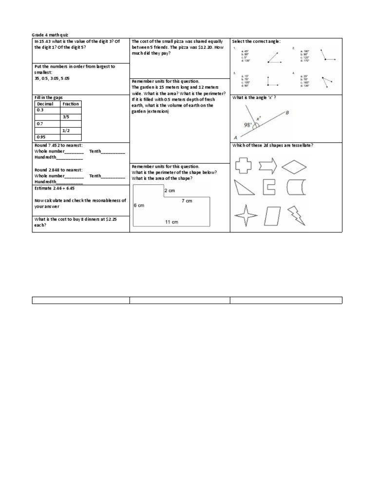 Grade 4 Math Quiz (A) | PDF