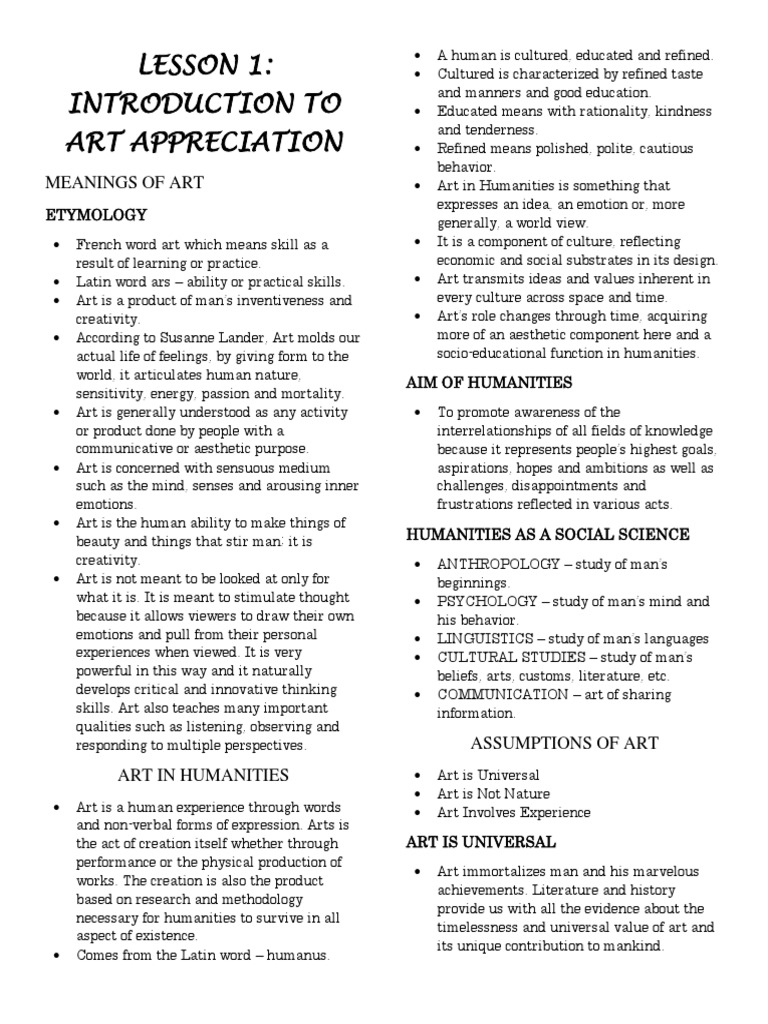 Lesson 1 Introduction To Art Appreciation PDF Experience Humanities