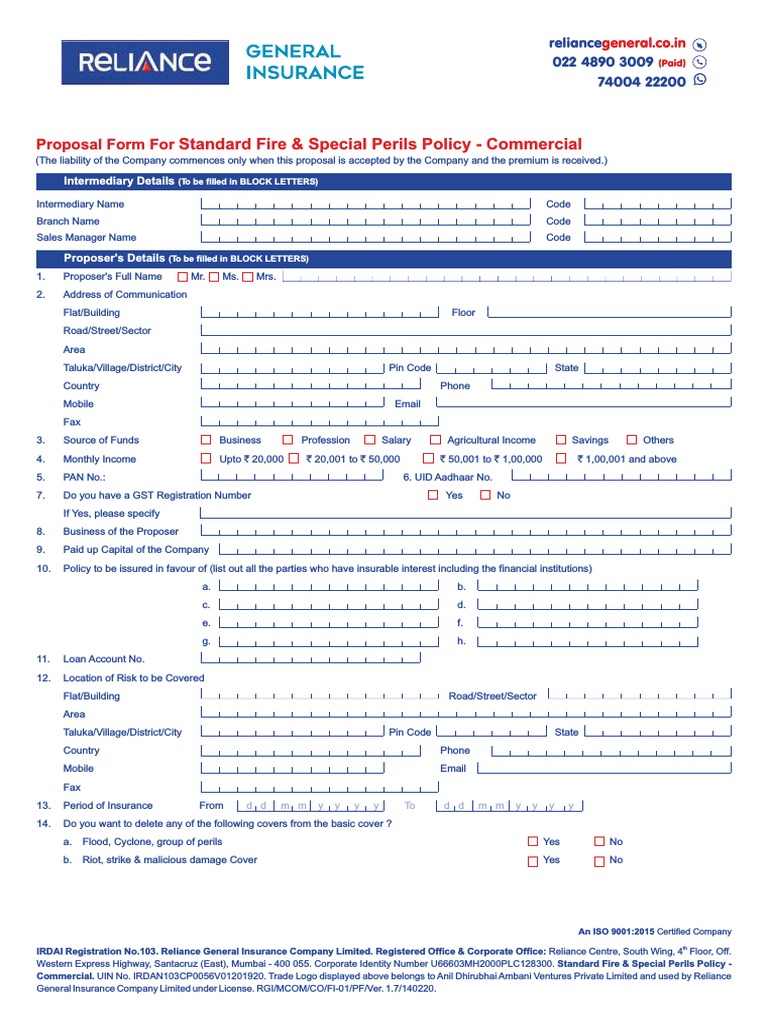 Proposal Form Standard Fire and Special Perils Policy PDF Insurance Cheque