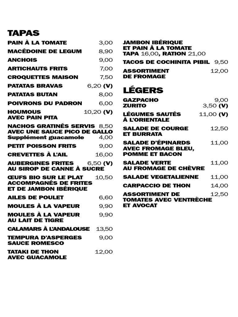 Menu Tapas et Plats Variés | PDF | sauce | Nourritures