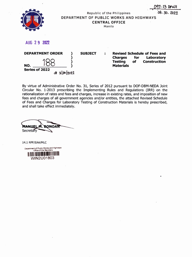 Departmentorder Subject Revised Schedule of Fees and Charges For Laboratory  Testing of Construction Materials | PDF | Cement | Concrete