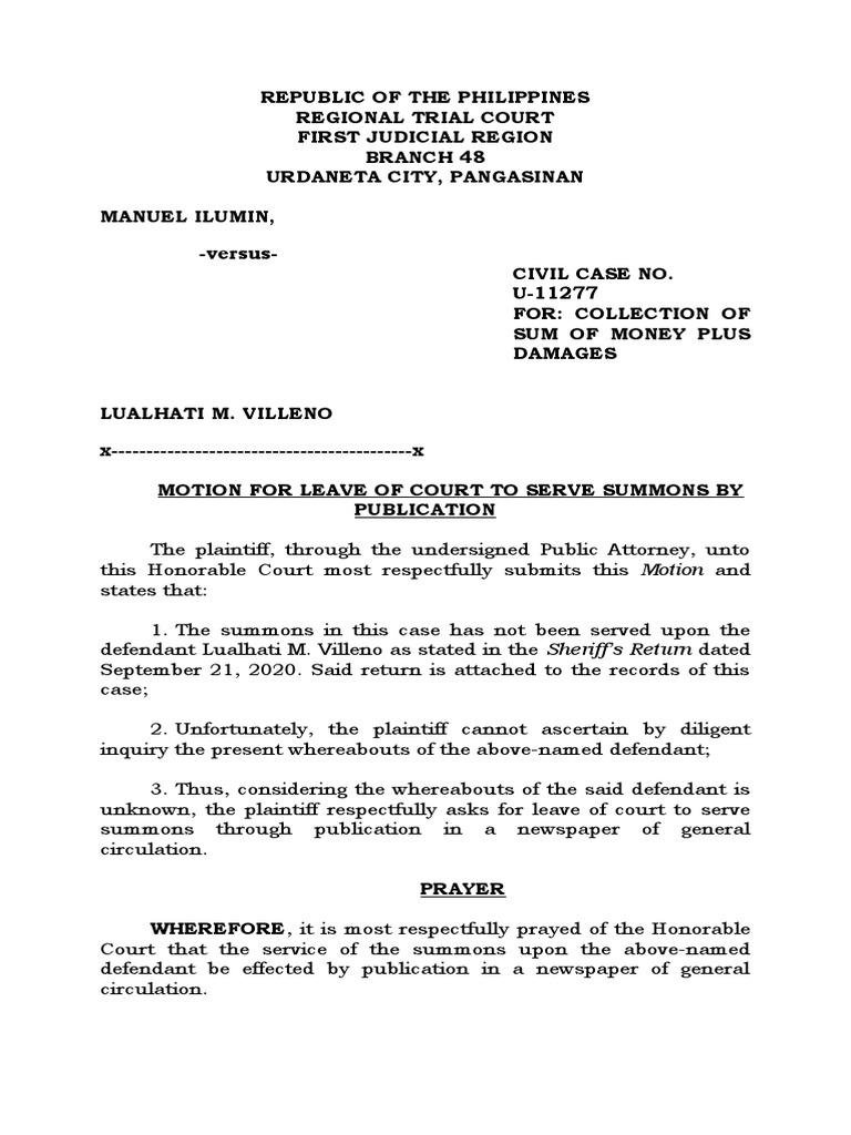 Motion For Leave To Serve Summons by Publication PDF
