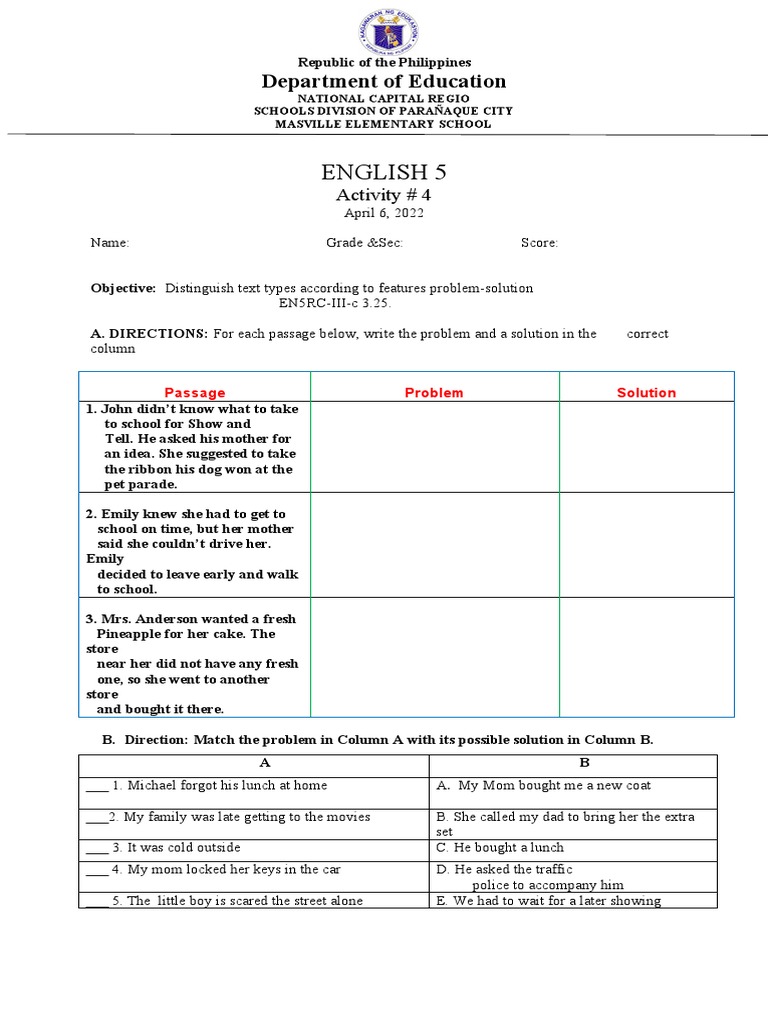 Problem-Solution Activity for English 5 | PDF