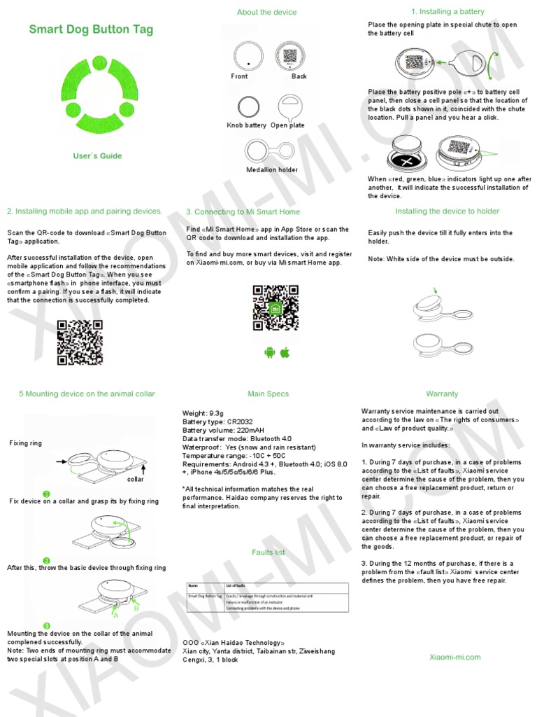 Smart Dog Button Tag User's Guide Instructions for Installing the Device, Pairing with Mobile