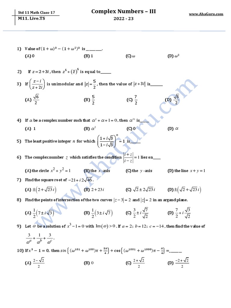 M11.WK17.TS 2022 Complex Numbers III - Questions | PDF | Algebra | Numbers