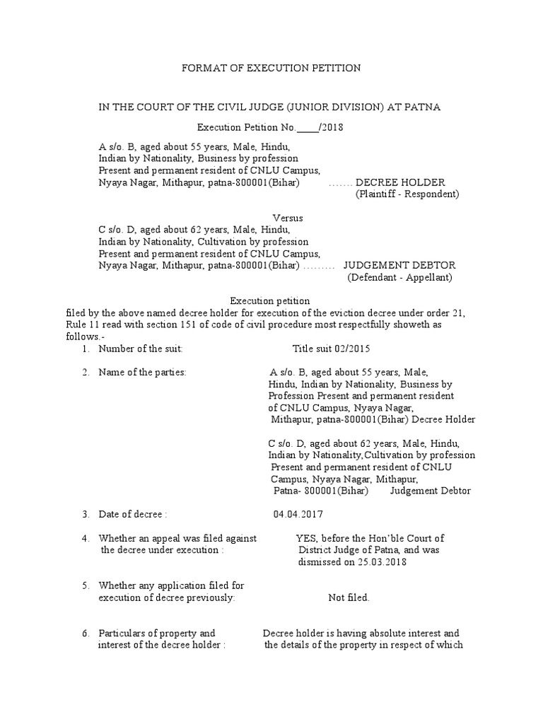 Execution Petition Format for Eviction | PDF | Lawsuit | Judgment (Law)