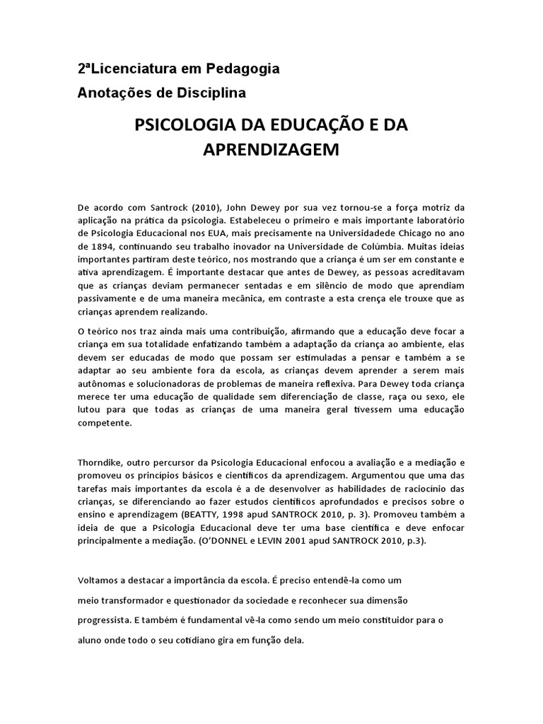 PSICOLOGIA DA EDUCAÇÃO E DA APRENDIZAGEM (Anotações) | PDF ...