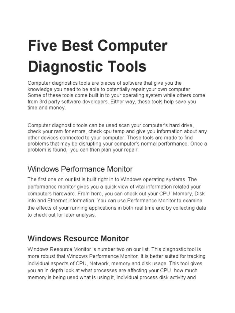 Five Best Computer Diagnostic Tools PDF Operating System Hard Disk Drive