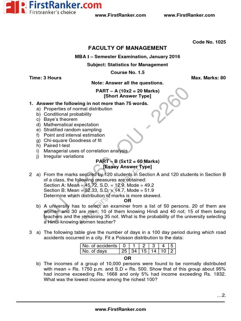 MBA Statistics for Management Exam Paper | PDF | Statistics | Standard ...