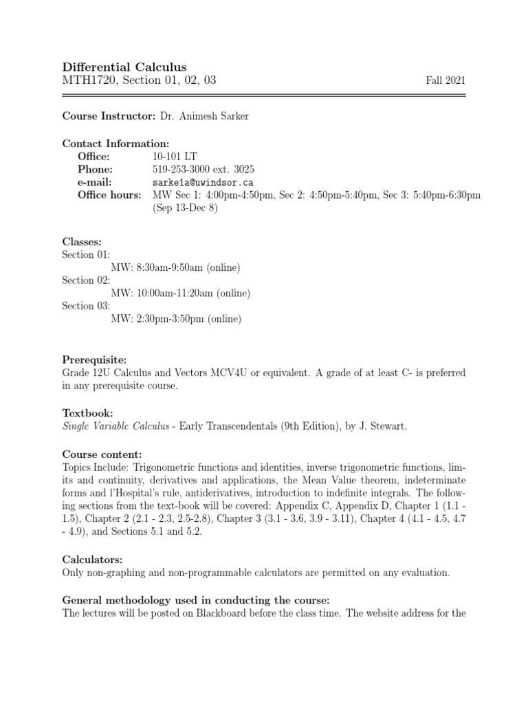 Differential Calculus Course Outline for Fall 2021 PDF Test