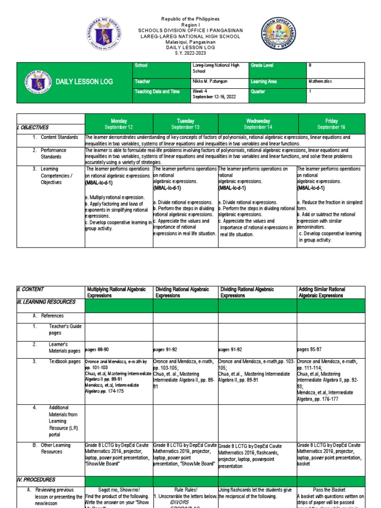 Grade 8 Math Daily Lesson Log | PDF | Division (Mathematics) | Equations
