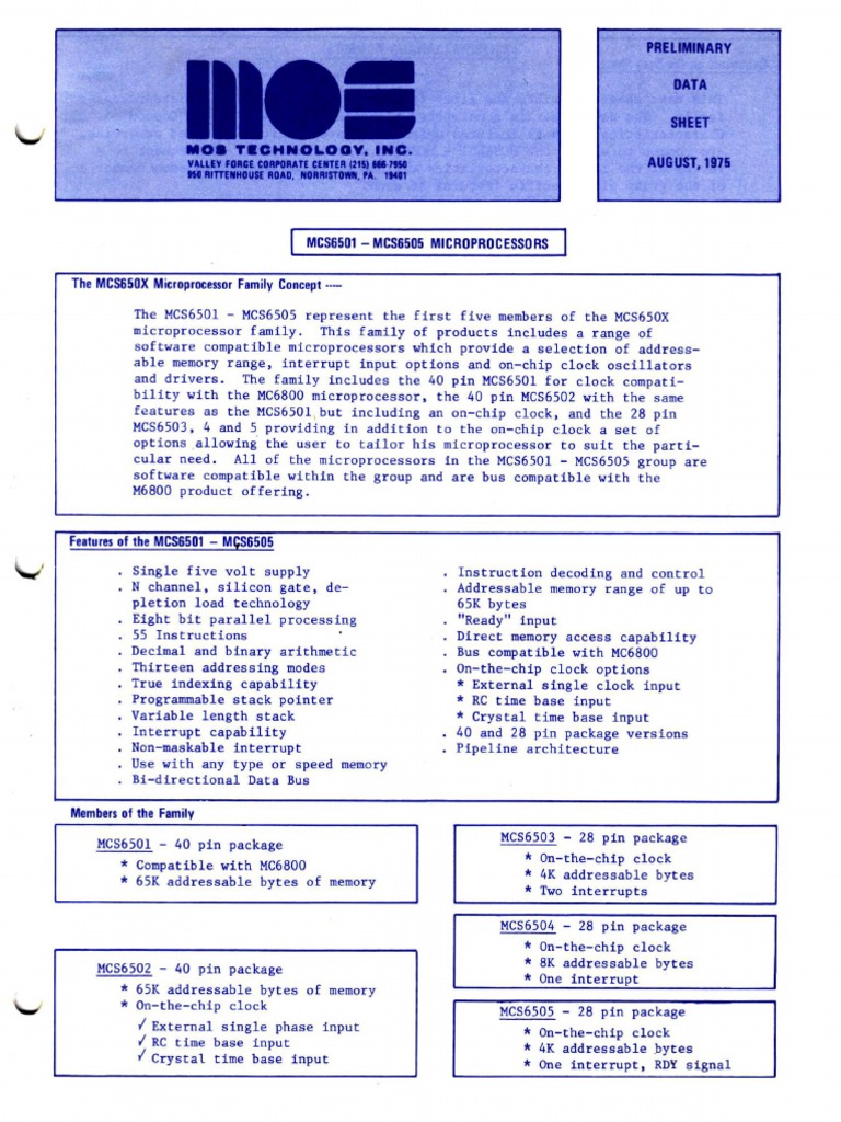 MOS 6501-6501 Preliminary Data Sheet, August 1975 | PDF | Digital ...