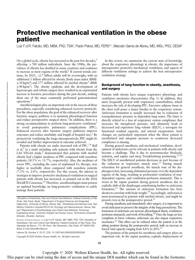 Protective Mechanical Ventilation in The Obese PDF Anesthesia Lung