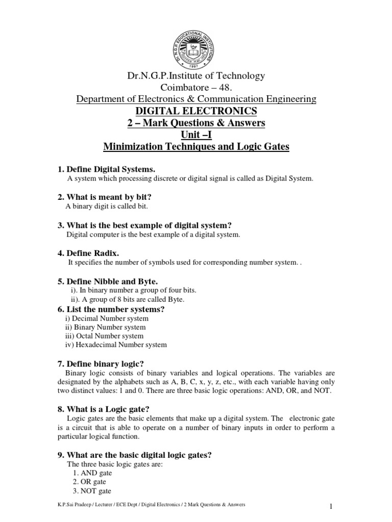 Digital Electronics Question Bank, Digital Electronics 2 Mark Questions
