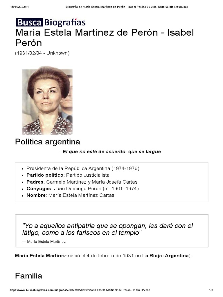 Biografía de María Estela Martínez de Perón | PDF | América del Sur ...
