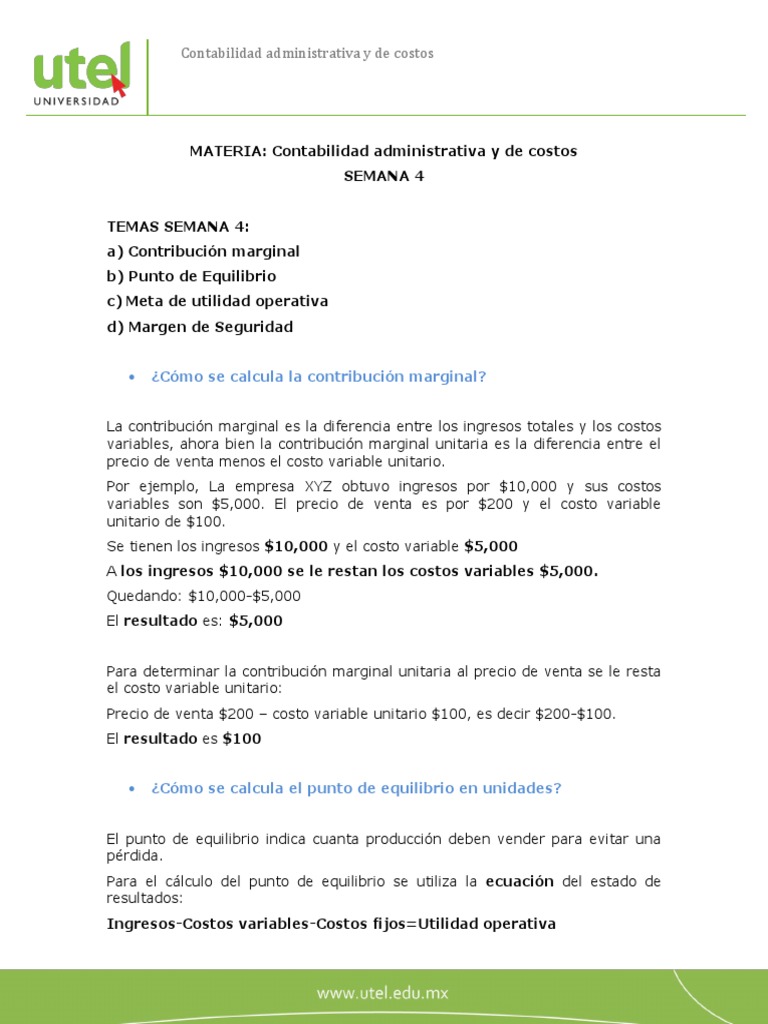 Contabilidad Administrativa Y De Costos Semana 4 Pf Pdf Costo
