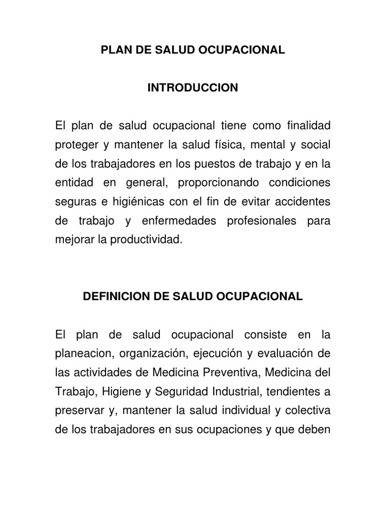 Plan de salud ocupacional pdf seguridad y salud ocupacional