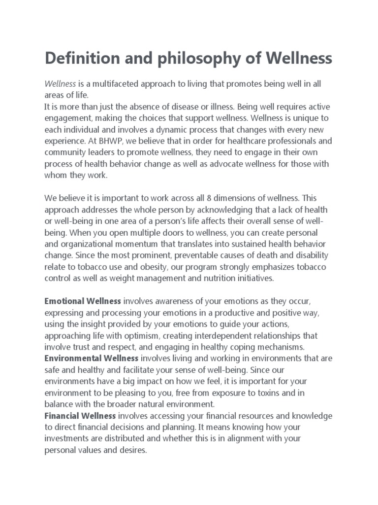 Definition and philosophy of Wellness PDF Psychology