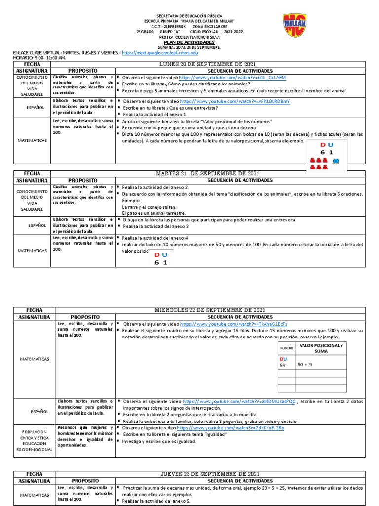 Plan de Actividades 2° Grado SEP | PDF | Artes del Lenguaje y ...