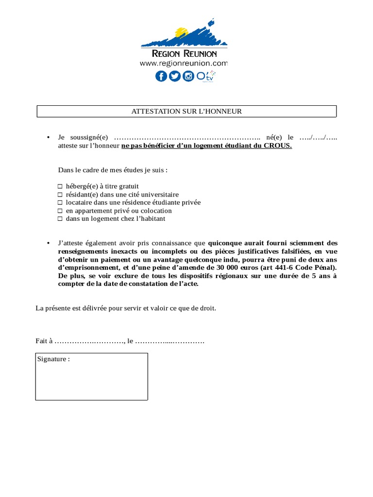 Attestation Sur Lhonneur Logement Crous PDF