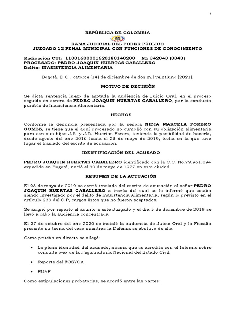 Sentencia Condenatoria en Contra Del Señor Pedro Joaquín Huertas