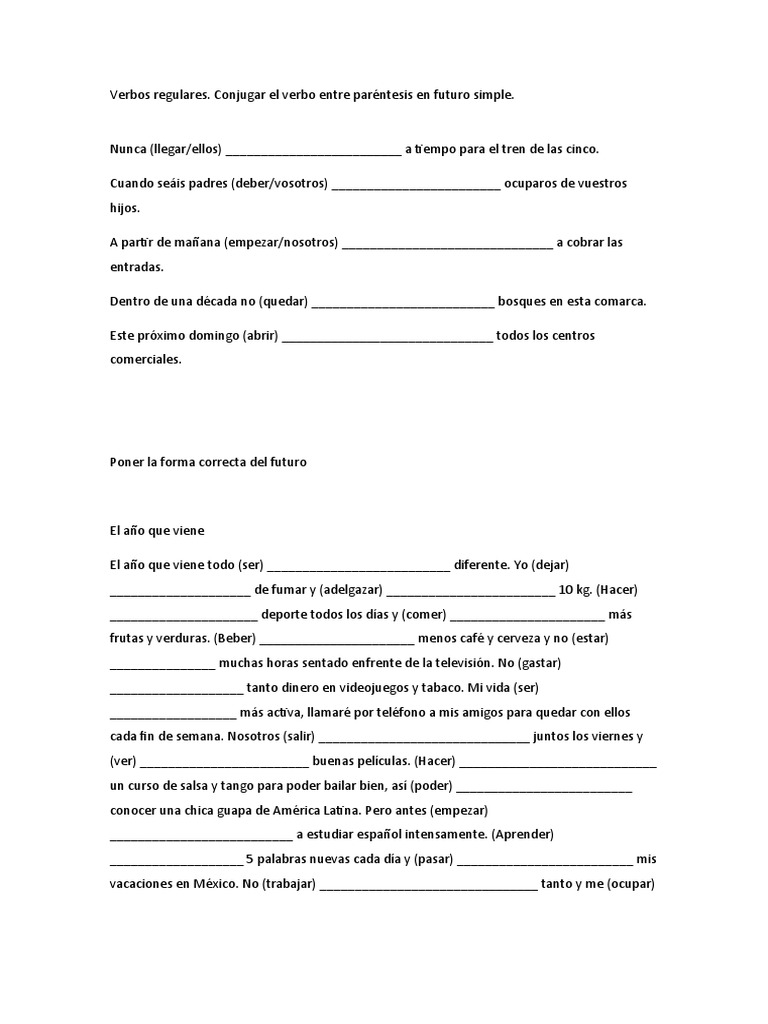 Ejercicios de futuro simple en español | PDF