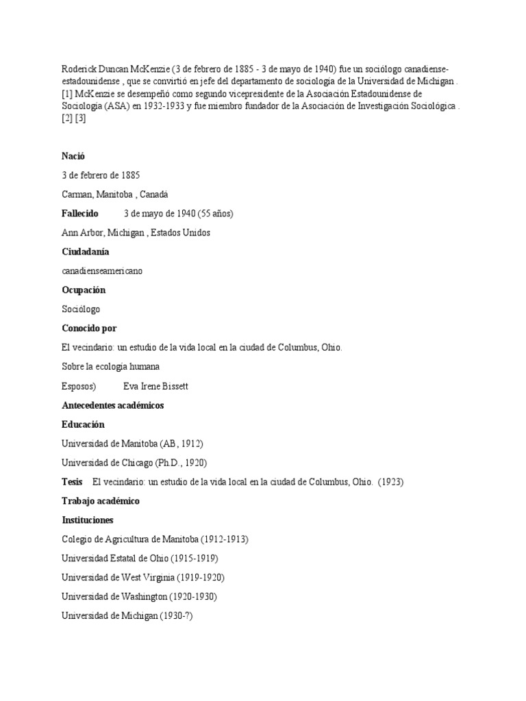 Roderick Duncan McKenzie | PDF | Universidad de Michigan