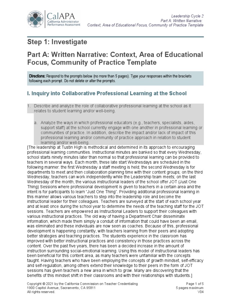 CalAPA C2 S1 A ContextEdFocusCommunityPrac | PDF | Teachers | Learning