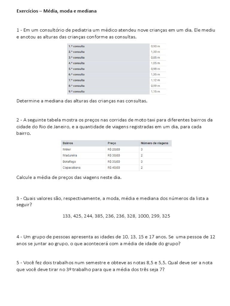 Exercícios de Média, Moda e Mediana | PDF