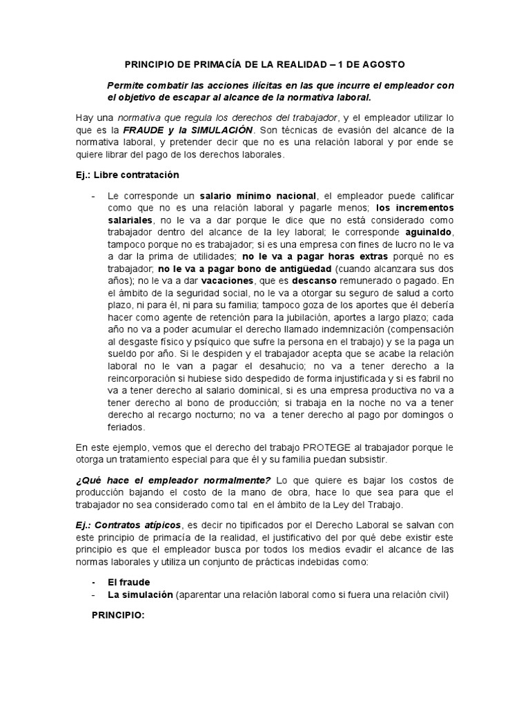 Principio de Primacía de la Realidad | PDF | Derecho laboral ...