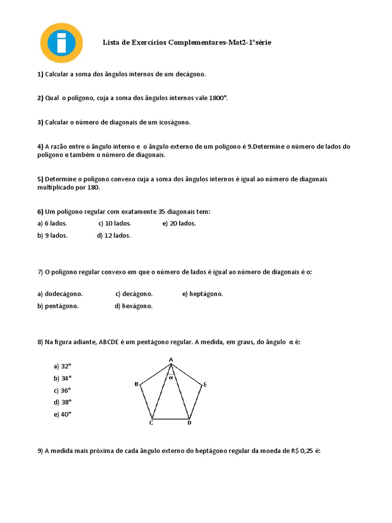 Lista de Exercícios Polígonos Regulares | PDF