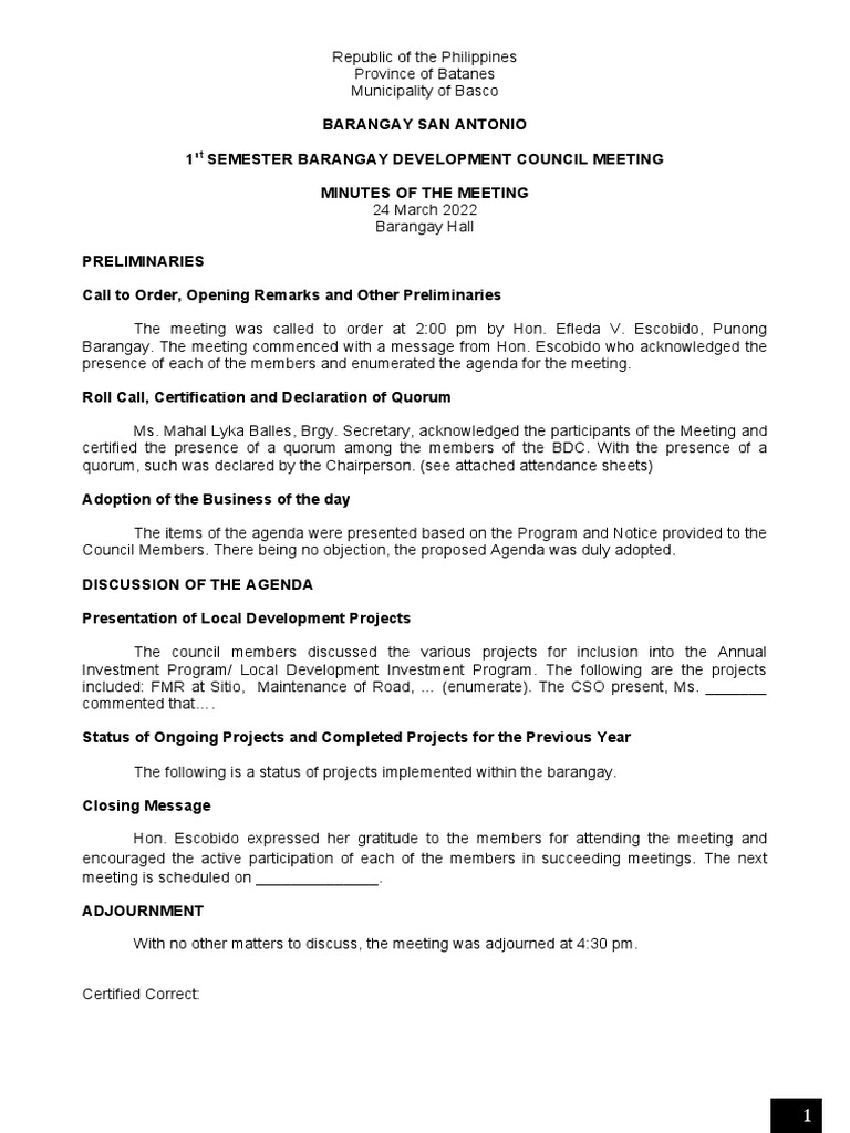 Minutes of the 1st semester barangay development council meeting of